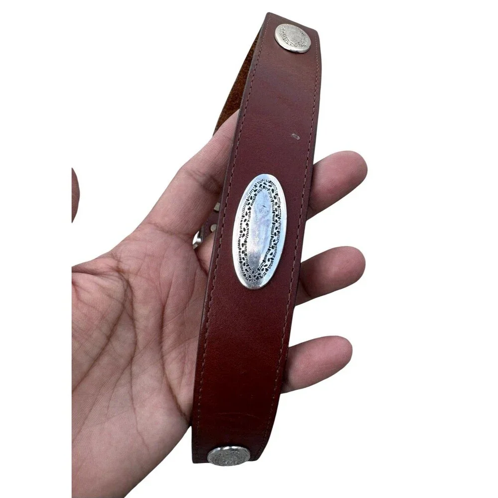 Brighton Taper Ornament Western Brown Leather Belt Sz 32 Engraved Buckle &Keeper